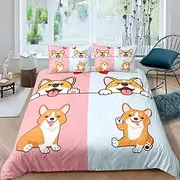 feelingyou Children's Cartoon Dog Bedding Set, Smiling Puppy, Corgi Faily Pet Bedding Set, 200 x 200 cm, Pink Blue Bottom Bed Set for Children, Boys, Girls, Teenagers, 3 Pieces, Zip Microfibre