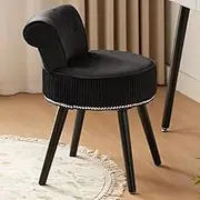 Black Velvet Vanity Chair with Low Back Small Makeup Stool Chair Tufted Accent Chairs for Dressing Room Bedroom Bathroom and Living Room(Round-Black)