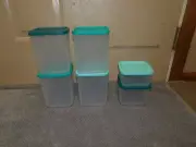 Tupperware Square Rounds Storage Freezer Containers 6pc Set Sheer Green Lids