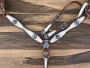 Western Havana Leather Set of Headstall and Breast Collar with Overlay & Conchos