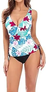 [Generic] Two Piece Tankini Bathing Suits for Women Tummy Control Swimsuits Sexy V Neck Halter Tankini Top with Bikini Bottom