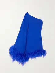 [Taller Marmo] Taller Marmo - Piccolo Ubud One-shoulder Feather-trimmed Crepe Mini Dress - Blue - IT38 IT 38 Blue