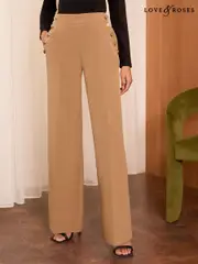 Love & Roses Camel Military Button Wide Leg Tailored Trousers (AD8107) | $104