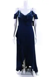 Aidan Aidan Mattox Womens Hammered Satin Off Shoulder Flounce Gown Blue Size 4