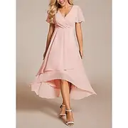 Women's Chiffon Dress Maxi Dress Chiffon Ruffle Work Cocktail Party Elegant Formal V Neck Short Sleeve Black White Pink Color