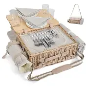 Mutifunctional Wicker Picnic Basket Set for 4 Flowers With Blanket &Table for 4