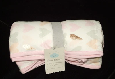 Cloud Island White Pink Gray Gold Hearts Baby Blanket Reversible NEW