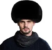 [keusyoi] Winter Men's Fur Bomber Hat Fur Ushanka Cap Trapper Hat Russian Man Ski Hats Leather Caps, Black, 56-58cm