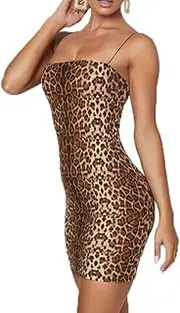 [OhMill] Women Leopard Print Dress - Sexy Bodycon Mini Dress - S/M (UK 6-12) - Animal Print - Brown - Perfect for Parties & Clubs