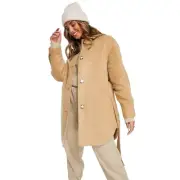 Topshop Size 12 Camel Belted Brushed Shacket Coat Wool Blend Button Front HR1-17