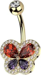 [Pierced Owl] 14GA 316L Stainless Steel Red and Purple CZ Crystal Butterfly Belly Button Ring