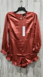 LUMIERE Rose Satin Long Sleeve Open Back Romper ruffled legs Size LARGE**NWT**
