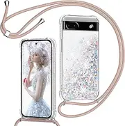 [TUUTPU] Mobile Phone Chain for Google Pixel 8A Case with Strap, Glitter Quicksand Mobile Phone Case with Chain, Transparent Shockproof Protective Case with Cord for Hanging - Quicksand Case with Cord