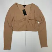 New Look Top 16 Beige Womens Long Sleeve V-Neck Crop Tie Front