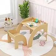 HONEY JOY Kids Table and Chair Set, Cute Activity Table and Chair Set w/Wide Tabletop, Curved Edges for Kid’s Room, Nursery, Playroom, Space-Saving Children Furniture Set for 3+ Years Old, Natural