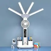 LED Desk Lamp with Fan Four Heads Desk Lamp Dimmable Reading Lamp 2000mAh USB Rechargeable Office Lamp Eye Protection Study Lamp Calendar Time Temperature Function