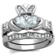 Women's Irish Claddagh Heart AAA CZ Wedding Engagement Ring Band Set