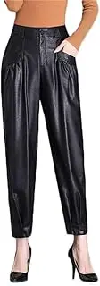 [Ancientomes] Vintage Pu Leather Pants Women Fashion High Waist Harem Pants Pockets Black Trousers Casual Lady Pantalones