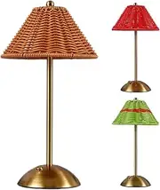 Boho Rattan Table Lamp, Cordless Wicker Lamp USB Rechargeable Desk Lamp 3 Color Dimmable Touch Control Night Light for Bedroom, Living Room,Brown