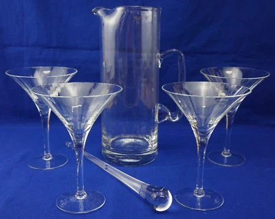 Krosno Poland Martini Pitcher, 10, stirrer, 11½", & (4) Martini Glasses, 6" (G20