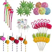 70 pcs Cocktail Umbrella Picks, Flamingo Foil Fireworks Sticks, Pineapple Palm Tree Cupcake Fruit Sticks Bamboo Toothpicks Straws for Food Drinks Hawaiian Party,Children's Day