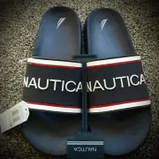 Mens NAUTICA SLIDES Athletic Sandals Flip Flops NAVY BLUE red white spellout NEW