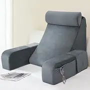 Reading Pillow - Shredded Memory Foam, Ultra-Comfy Microplush Cover & Detachable Neck Roll ，Back Support Pillow with Arm Rest and Pockets，for Watching TV/Reading/Gaming/Resting 19"