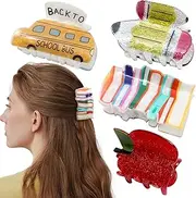 4Pcs Teacher Appreciation Hair Clips - Pencil, Book, School Bus & Apple Hair Claw Clips Set, Cute Hair Accessories for Women, Girls, Teachers & Students, Back to School/Office Gift (All Hair Types)