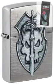 Zippo 48372 Medieval Skull Crest Linen Weave Lighter + FLINT PACK
