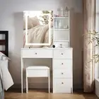 Dressing Table Stool Set Slide Mirror Makeup Vanity Desk Chair 6 Drawers Dresser