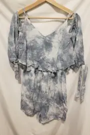 AEO American Eagle Romper Sz Small Blue Tie Dye Tassel Overlay Cold Shoulder