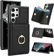 [Boyobacase] for Samsung Galaxy S23 Ultra 5G Case Wallet with Card Holder,for Galaxy S23 Ultra 5G Flip Case 360°Rotation Ring Holder Kickstand Phone Cover with 4 Card Slots and Cash Pocket-Black