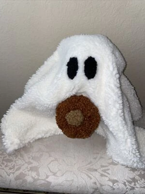 NEW Halloween Pottery Barn Gus The Ghost Pillow holding Pumpkin White Sherpa PB