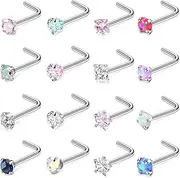 [SEEDRILL] Nose Rings Studs for Women 16Pcs 20G Nose Studs Hypoallergenic 316L Surgical Steel Nose Piercings Jewelry 3mm CZ & Opal Nose Ring L Shape Nose Stud 20 Gauge Nose Screw Studs
