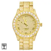 Techno Pave Men's Gold Plated Icy CZ Metal Band Watches WM 8719 G