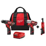 M12 12V Lithium-Ion Cordless Drill Driver, Impact Driver, and Ratchet Combo Kit