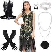 [FEPITO] 1920s V Neck Sequin Beaded Fringed Dress with 20s Accessories Set