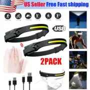2PACK Headlamp COB LED Rechargeable Headlight Torch Work Light Bar Head Band USB