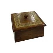 Willow & Silk Handmade 15cm Brown Wooden Trinket Box w/ Golden Metal Inlay