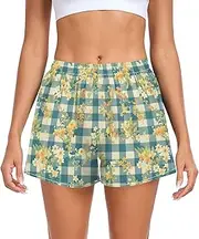 [FRODOTGV] Flowers Dark Blue Gingham Womens Athletic Shorts with Pockets Exercise Shorts for Soccer Teenis Exercise Indoor S