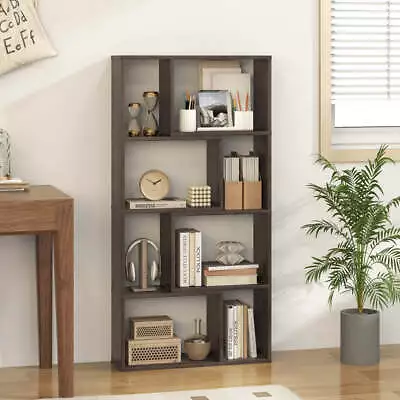 Costway 4-Tier Geometric Bookshelf with 8-Cube Storage Organizer-Grey