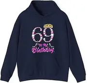 [X.Style] It's My 69th Birthday Queen Tiara Shoes Years Old Birthday Gift Hoodie for Adults Hooded Neck Long Sleeve Pullover Navy L