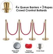 4x Queue Barriers + 3 Ropes Crowd Control Bollards(Golden POLE+RED ROPE)