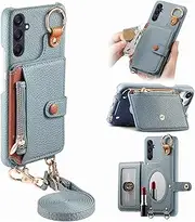 Durable Removable Crossbody Wallet Phone Case for Samsung Galaxy A05S, Zippered Purse,Ring Holder,Integrated Mirror,Card Slot,Multi-Angle Stand in Elegant Pebbled Leather Cover(Light Blue)