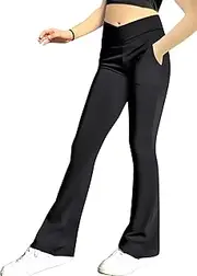 [Gnainach] Girls' Leggings Cross Flare Pants with Pockets Black Soft Stretchy High Waisted Pants for Kids Child Yoga Dance