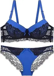 [NAVYN] 2Pcs Women Sexy Lace Lingerie Sets Underwire Cute Push Up Bra and Panty Set See Through Panty Bras Underwear Suit(Royal Blue,85/38B)