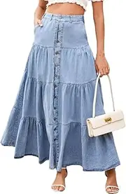 [loveimgs] Women Western Elastic High Waisted A Line Long Denim Skirt Button Ruffle Tiered Jean Maxi Skirt Patchwork Pocket Y2k