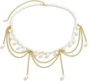 [Generic] Summer Beach Metal Beaded Waist Chain Belt, Pearl Tassel Hip Belly Body Chain for Women, Festival Rave Dress Jewelry