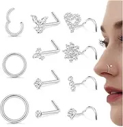 [Milacolato] Nose Piercing Gold Silver Surgical Steel 20G 18G Nose Piercing Stud 6/8/10 mm Nose Piercing Ring CZ L Shape Nose Stud and Nostril Piercing Ring Set, Nose Piercing Jewellery Women Pack of 10