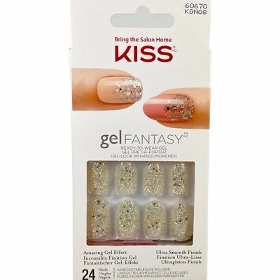 NEW Kiss Nails Gel Fantasy Press or Glue Manicure Medium Almond Silver Glitter